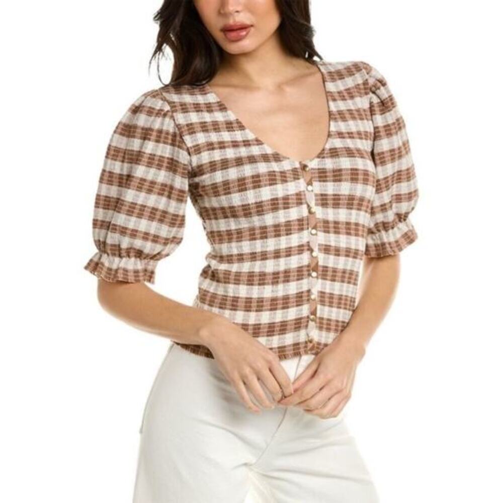 Nation LTD Top XL Laila Corset gingham checkered babydoll blouson‎ short sleeve